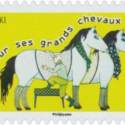 Monter sur ses grands chevaux. Timbre émis le 5 septembre 2016. Dessin d’Emmanuelle Houdart