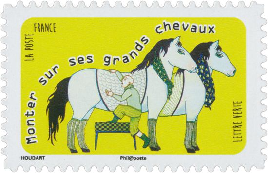 Monter sur ses grands chevaux. Timbre émis le 5 septembre 2016. Dessin d’Emmanuelle Houdart